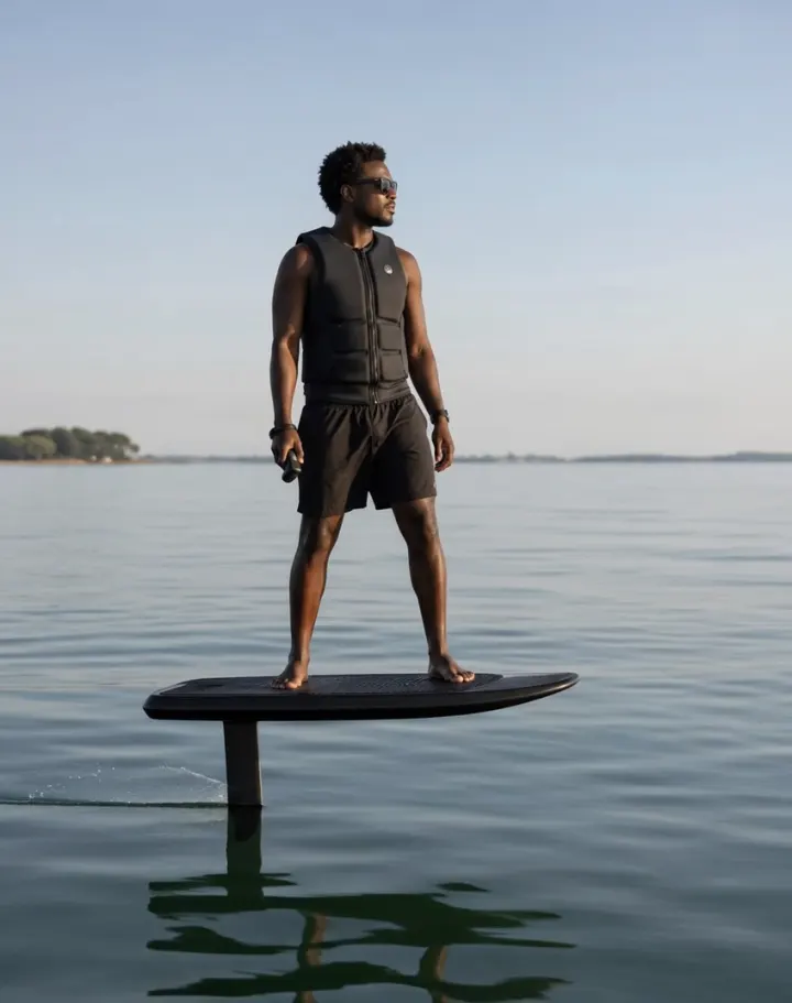 An eFoil rider standing on the board, lifted above calm water