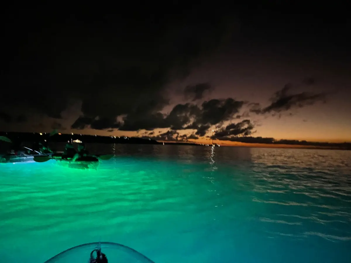 Emerald light from the kayak hulls spreading across the dark bay at dusk