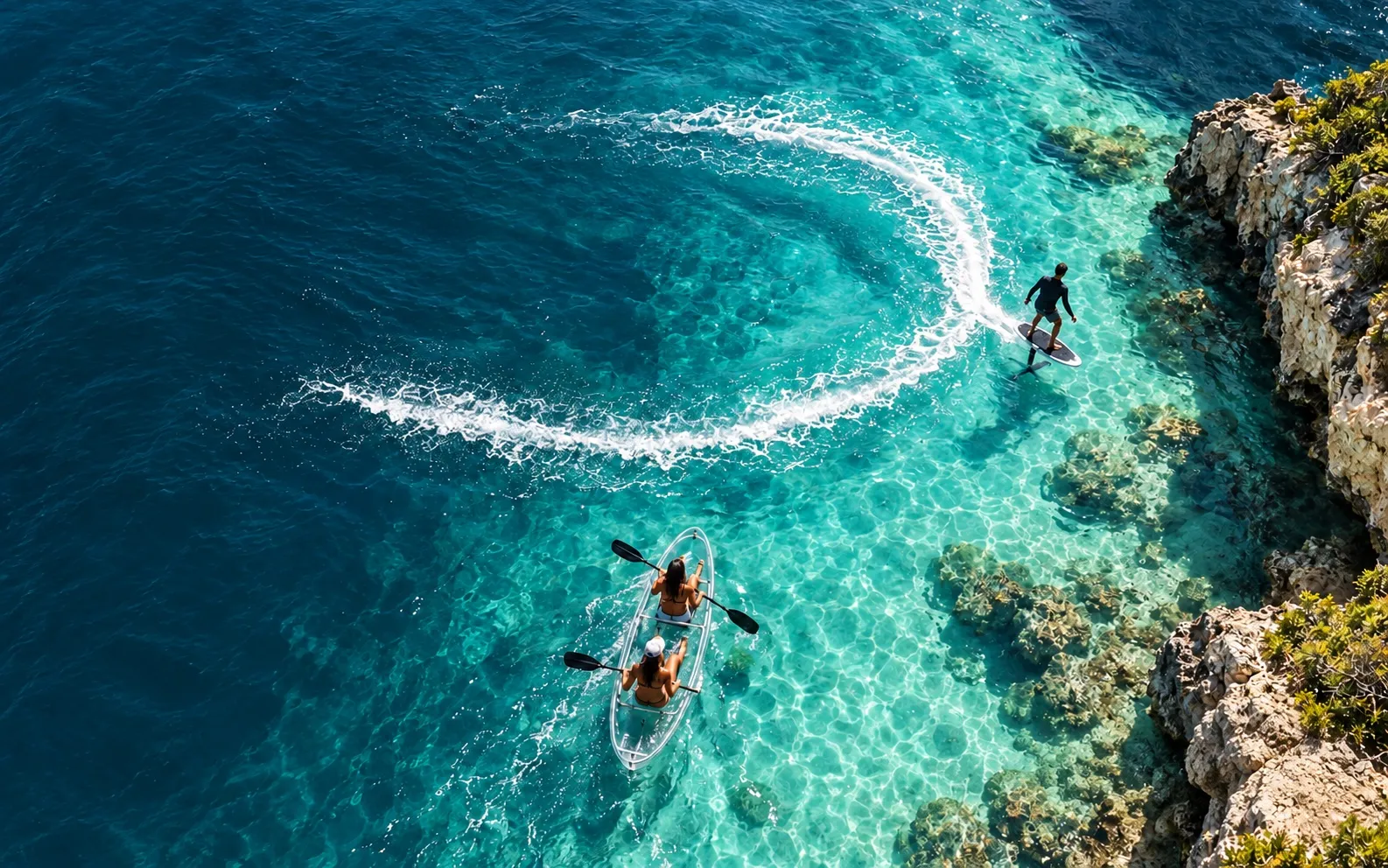 A clear kayak and an eFoil rider on turquoise water beside the limestone shore