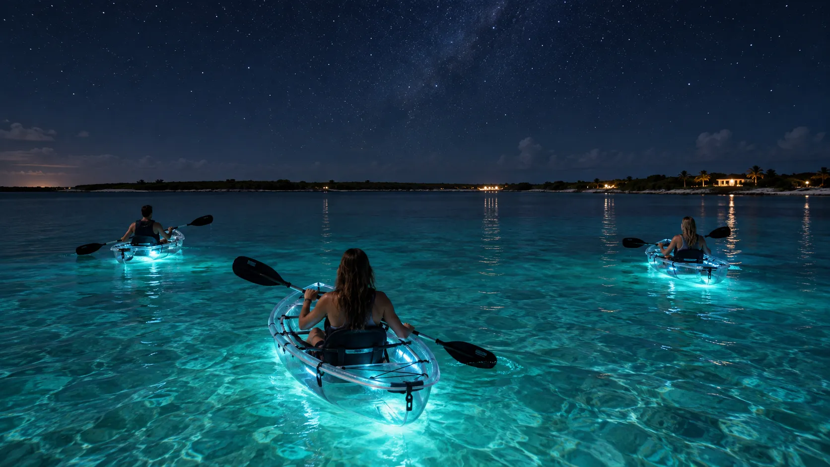 Illuminated clear kayaks on calm water beside Anguilla's low coastline at night